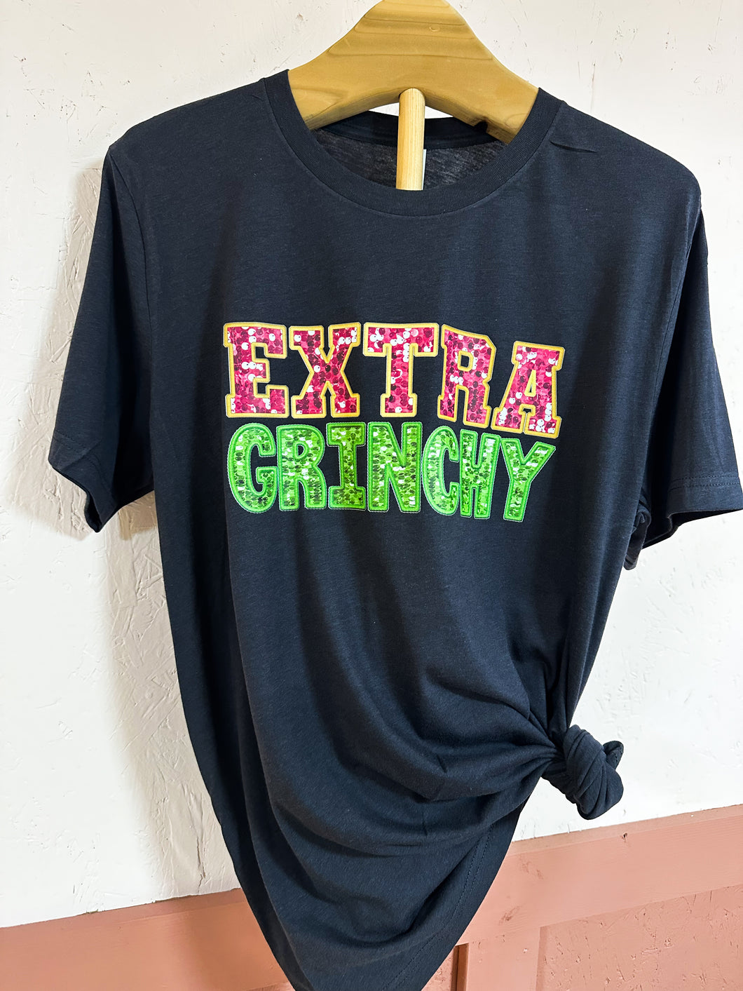 Extra Grinchy Faux Glitter & Embroidery Tee