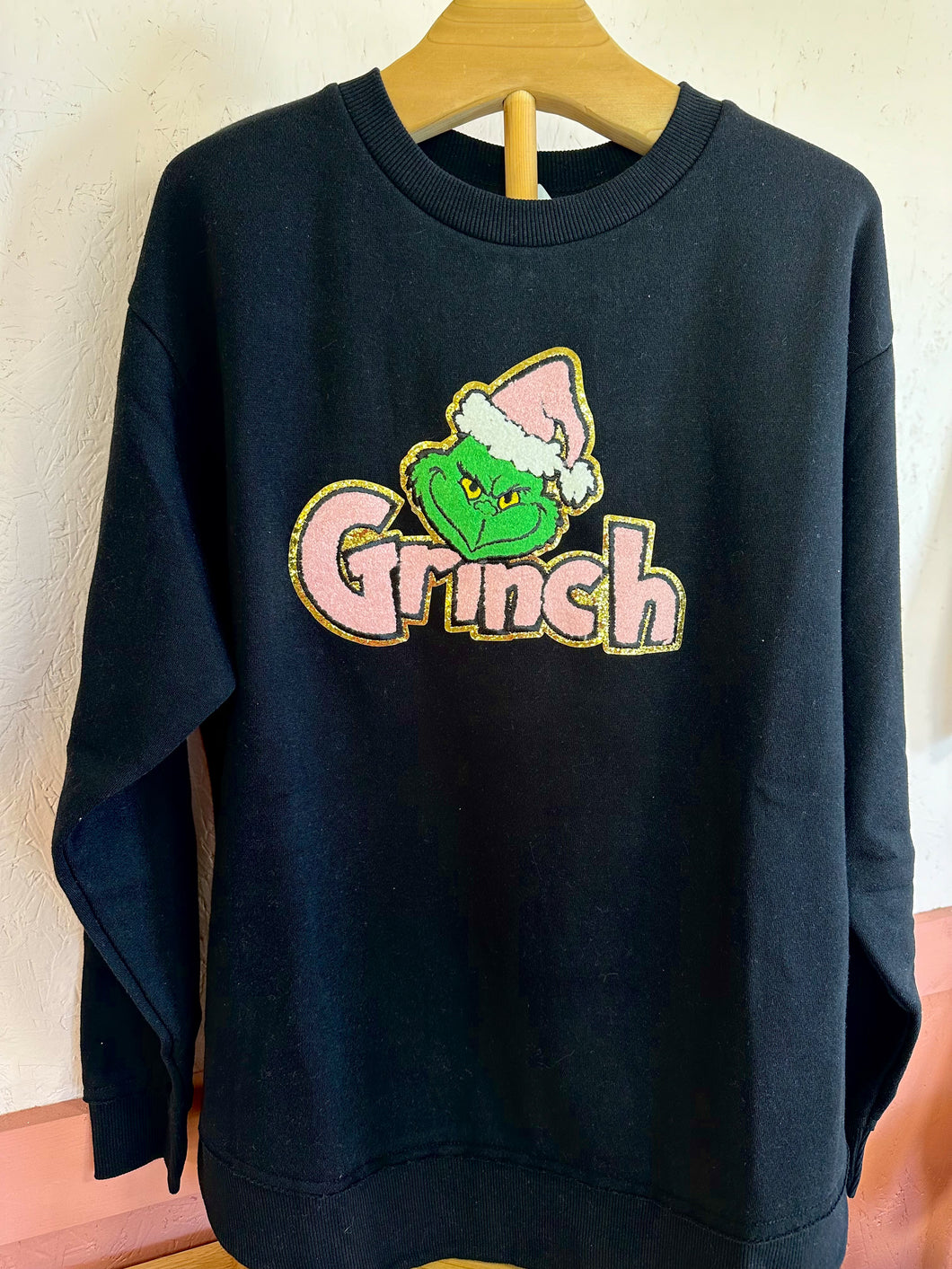 Pink Grinch Chenille Patch Raw Edge Hem Sweatshirt