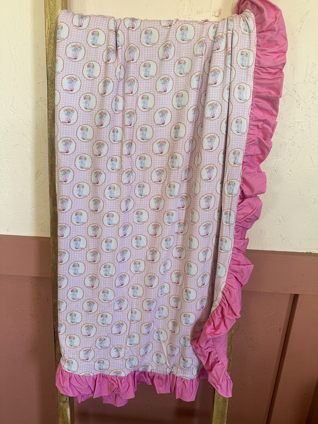 Boots, Floral & Bows - Pink Gingham Bamboo Blanket